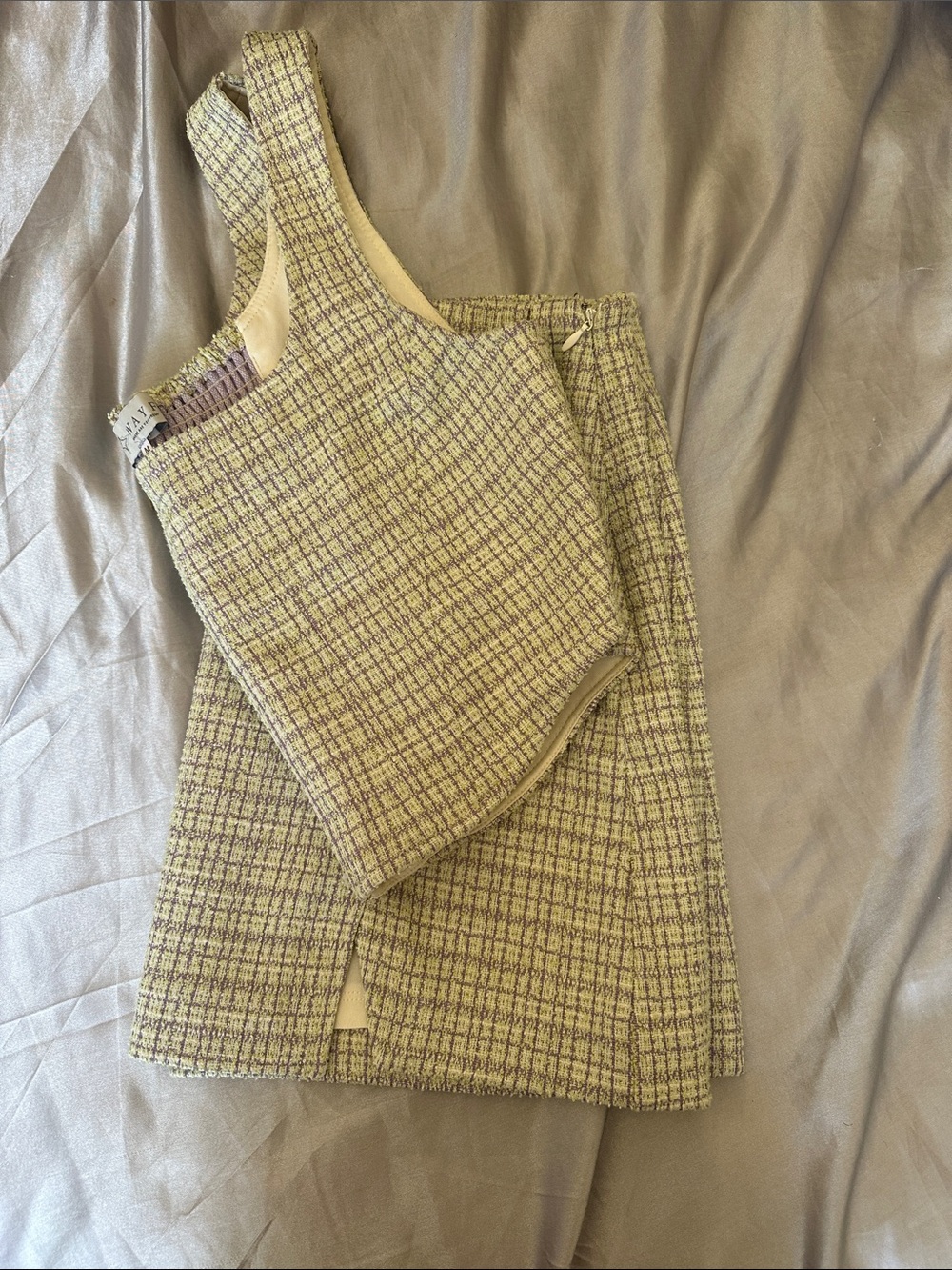 Soft Tweed Two-Piece Tank and Skirt Set in Pale Green with Lilac